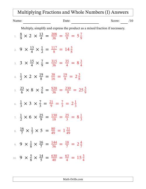The Multiplying Proper and Improper Fractions and Whole Numbers (3 Factors) (I) Math Worksheet Page 2