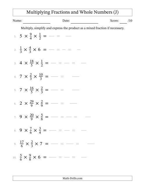The Multiplying Proper and Improper Fractions and Whole Numbers (3 Factors) (J) Math Worksheet