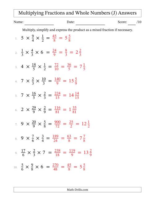The Multiplying Proper and Improper Fractions and Whole Numbers (3 Factors) (J) Math Worksheet Page 2