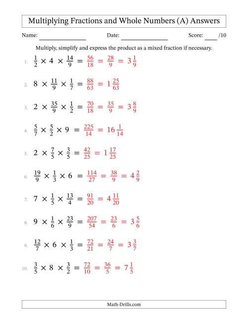 The Multiplying Proper and Improper Fractions and Whole Numbers (3 Factors) (All) Math Worksheet Page 2