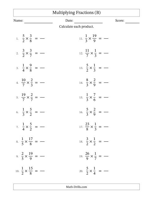 The Multiplying Proper and Improper Fractions (No Simplifying) (B) Math Worksheet