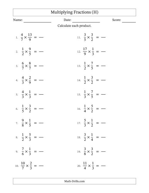 The Multiplying Proper and Improper Fractions (No Simplifying) (H) Math Worksheet