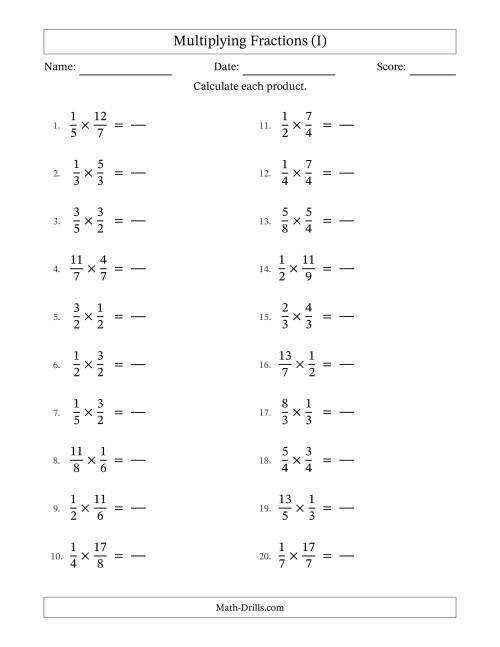 The Multiplying Proper and Improper Fractions (No Simplifying) (I) Math Worksheet