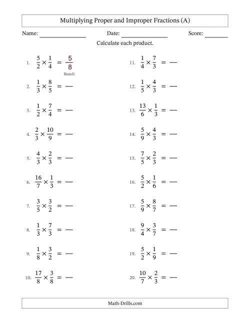 The Multiplying Proper and Improper Fractions (No Simplifying) (All) Math Worksheet