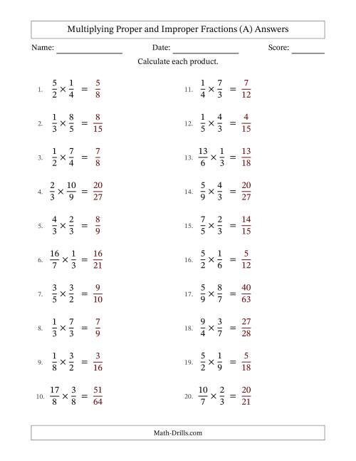The Multiplying Proper and Improper Fractions (No Simplifying) (All) Math Worksheet Page 2