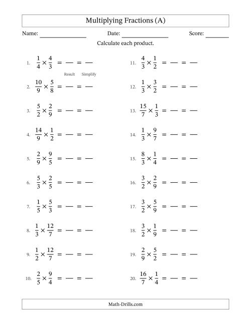The Multiplying Proper and Improper Fractions (All Simplifying) (A) Math Worksheet