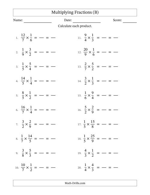 The Multiplying Proper and Improper Fractions (All Simplifying) (B) Math Worksheet