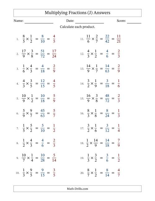 The Multiplying Proper and Improper Fractions (All Simplifying) (J) Math Worksheet Page 2
