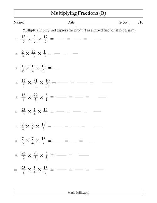 The Multiplying 3 Proper and Improper Fractions (B) Math Worksheet
