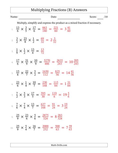 The Multiplying 3 Proper and Improper Fractions (B) Math Worksheet Page 2