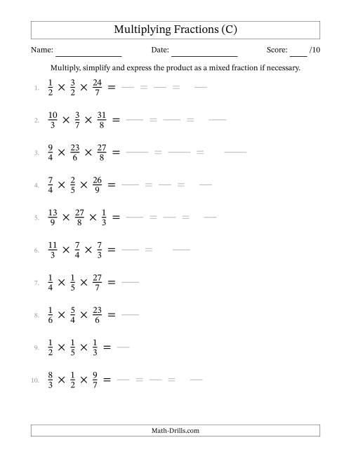 The Multiplying 3 Proper and Improper Fractions (C) Math Worksheet