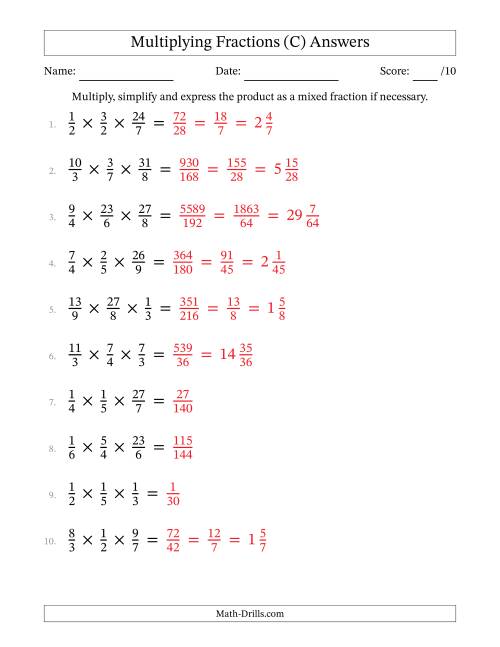The Multiplying 3 Proper and Improper Fractions (C) Math Worksheet Page 2