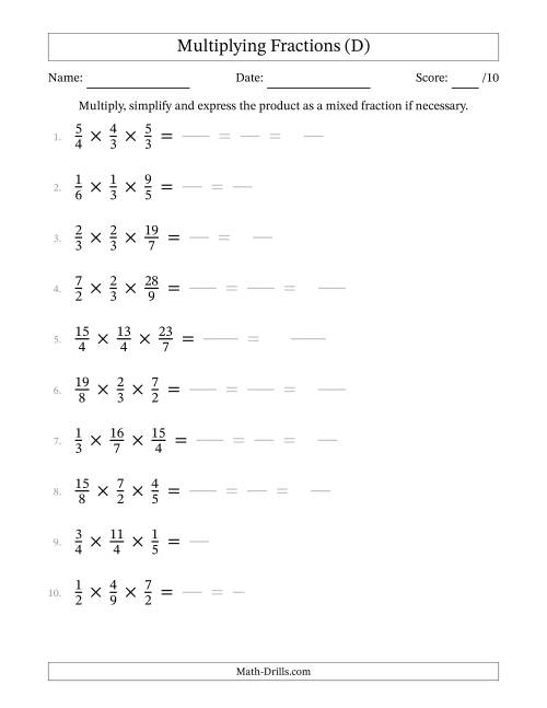 The Multiplying 3 Proper and Improper Fractions (D) Math Worksheet
