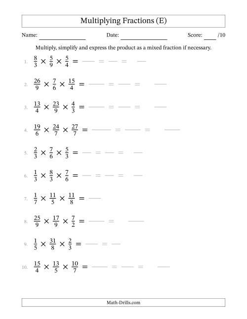 The Multiplying 3 Proper and Improper Fractions (E) Math Worksheet