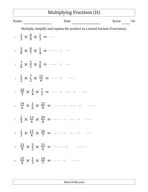 The Multiplying 3 Proper and Improper Fractions (H) Math Worksheet