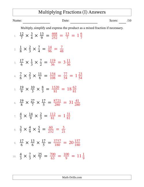 The Multiplying 3 Proper and Improper Fractions (I) Math Worksheet Page 2