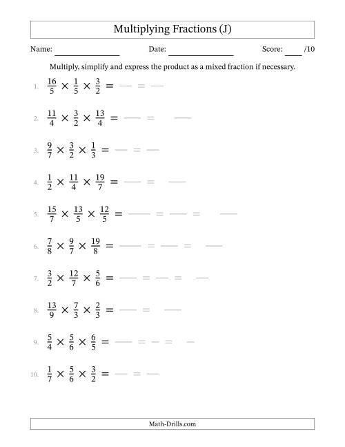 The Multiplying 3 Proper and Improper Fractions (J) Math Worksheet