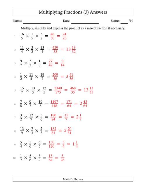The Multiplying 3 Proper and Improper Fractions (J) Math Worksheet Page 2