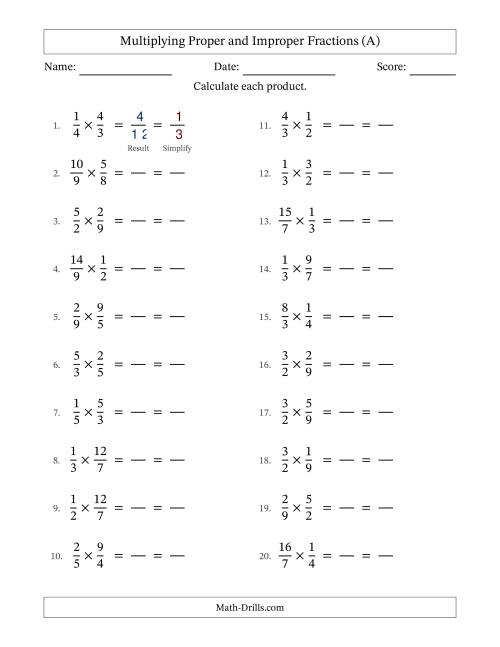 The Multiplying Proper and Improper Fractions (All Simplifying) (All) Math Worksheet