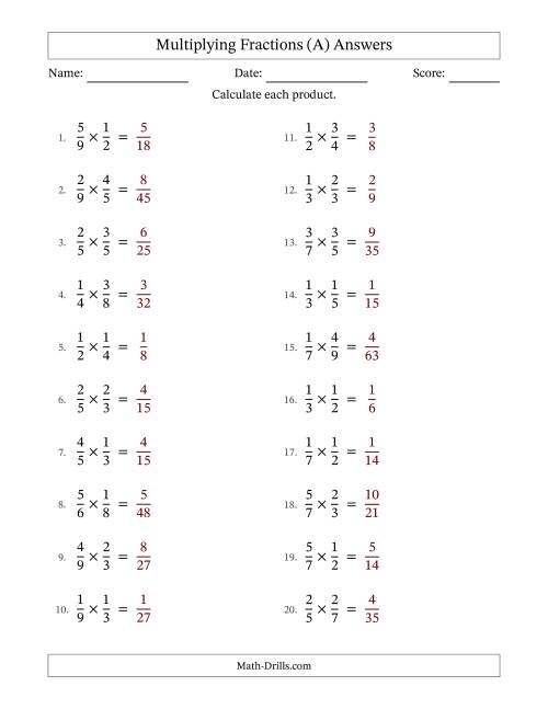 The Multiplying 2 Proper Fractions (No Simplifying) (A) Math Worksheet Page 2
