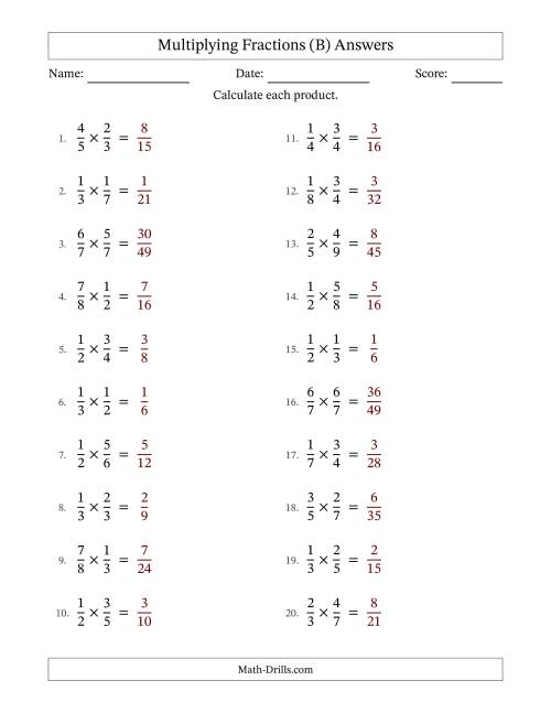 The Multiplying 2 Proper Fractions (No Simplifying) (B) Math Worksheet Page 2