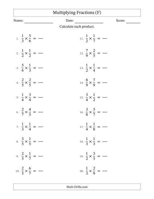The Multiplying 2 Proper Fractions (No Simplifying) (F) Math Worksheet