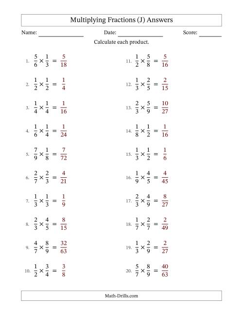 The Multiplying 2 Proper Fractions (No Simplifying) (J) Math Worksheet Page 2