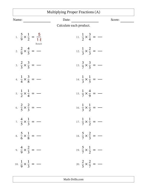 The Multiplying 2 Proper Fractions (No Simplifying) (All) Math Worksheet