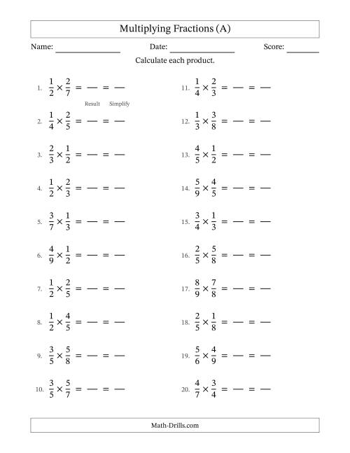 The Multiplying Two Proper Fractions with All Simplification (Fillable) (A) Math Worksheet