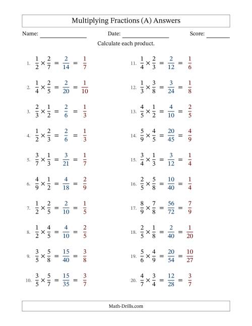 The Multiplying 2 Proper Fractions (With Simplifying) (A) Math Worksheet Page 2