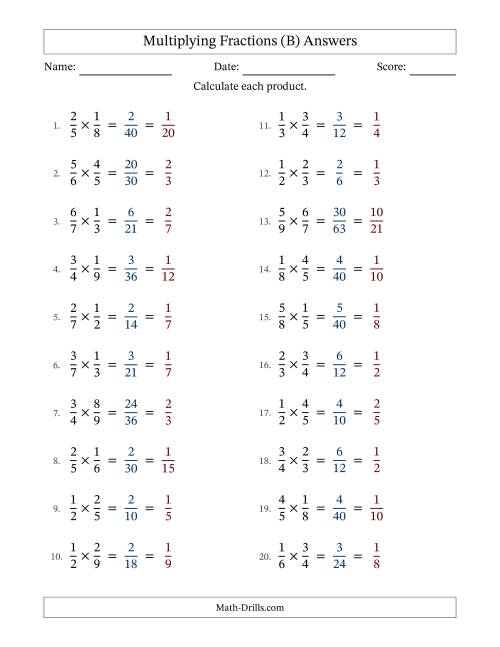 The Multiplying 2 Proper Fractions (With Simplifying) (B) Math Worksheet Page 2