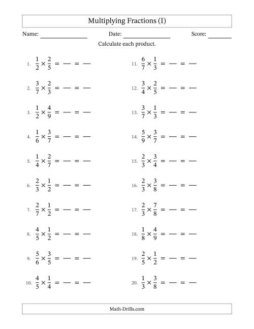 The Multiplying Two Proper Fractions with All Simplification (Fillable) (I) Math Worksheet