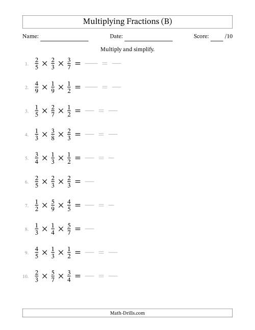 The Multiplying 3 Proper Fractions (B) Math Worksheet