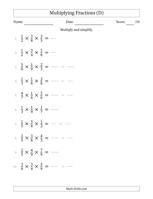 The Multiplying 3 Proper Fractions (D) Math Worksheet