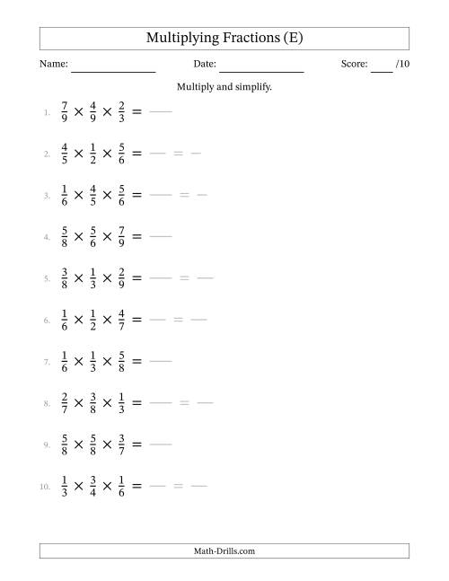 The Multiplying 3 Proper Fractions (E) Math Worksheet