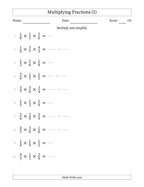 The Multiplying 3 Proper Fractions (I) Math Worksheet