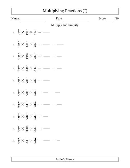 The Multiplying 3 Proper Fractions (J) Math Worksheet