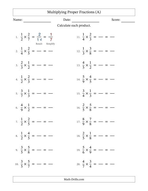 The Multiplying 2 Proper Fractions (With Simplifying) (All) Math Worksheet