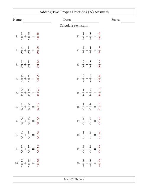 The Adding Two Proper Fractions with Equal Denominators, Proper Fractions Results and No Simplifying (A) Math Worksheet Page 2