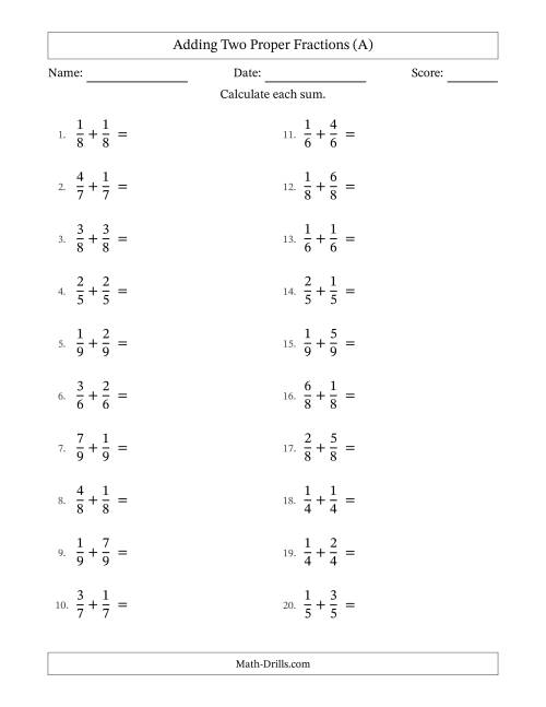 The Adding Two Proper Fractions with Equal Denominators, Proper Fractions Results and Some Simplifying (A) Math Worksheet