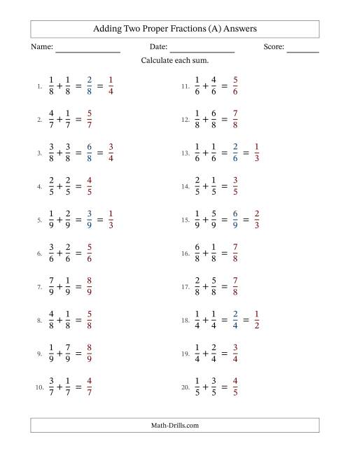 The Adding Two Proper Fractions with Equal Denominators, Proper Fractions Results and Some Simplifying (A) Math Worksheet Page 2
