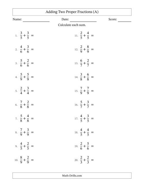 The Adding Two Proper Fractions with Equal Denominators, Mixed Fractions Results and No Simplifying (A) Math Worksheet