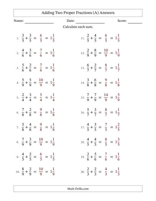 The Adding Two Proper Fractions with Equal Denominators, Mixed Fractions Results and No Simplifying (A) Math Worksheet Page 2