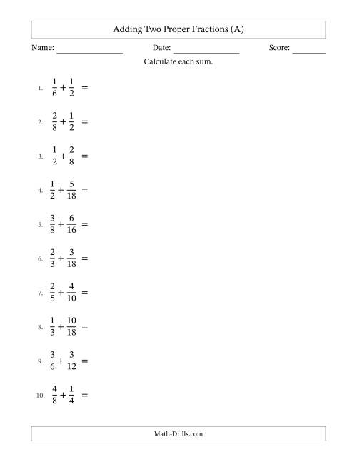 The Adding Two Proper Fractions with Similar Denominators, Proper Fractions Results and All Simplifying (A) Math Worksheet