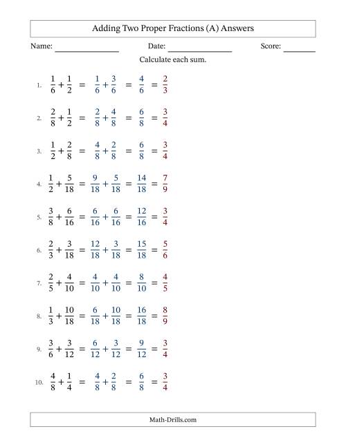 The Adding Two Proper Fractions with Similar Denominators, Proper Fractions Results and All Simplifying (A) Math Worksheet Page 2