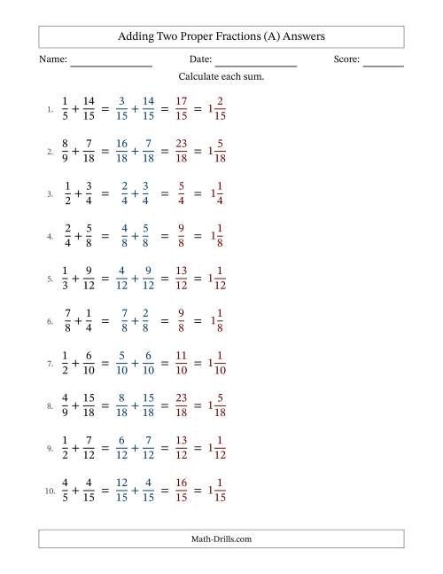 The Adding Two Proper Fractions with Similar Denominators, Mixed Fractions Results and No Simplifying (A) Math Worksheet Page 2