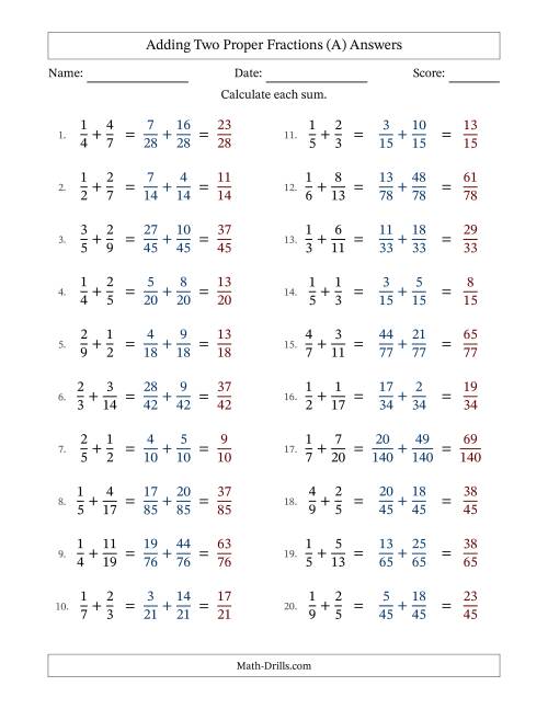 The Adding Two Proper Fractions with Unlike Denominators, Proper Fractions Results and No Simplifying (A) Math Worksheet Page 2