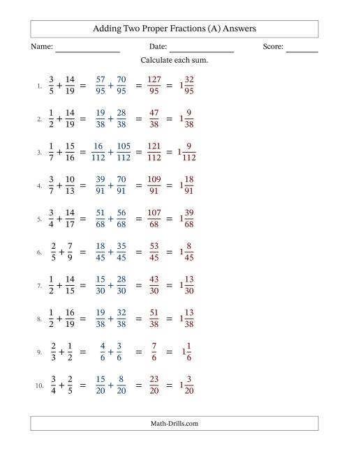 The Adding Two Proper Fractions with Unlike Denominators, Mixed Fractions Results and No Simplifying (A) Math Worksheet Page 2