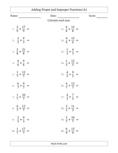 The Adding Proper and Improper Fractions with Equal Denominators, Mixed Fractions Results and No Simplifying (A) Math Worksheet