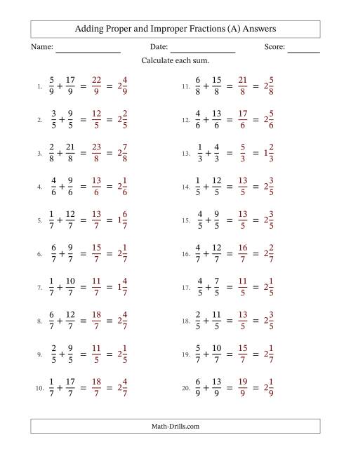 The Adding Proper and Improper Fractions with Equal Denominators, Mixed Fractions Results and No Simplifying (A) Math Worksheet Page 2